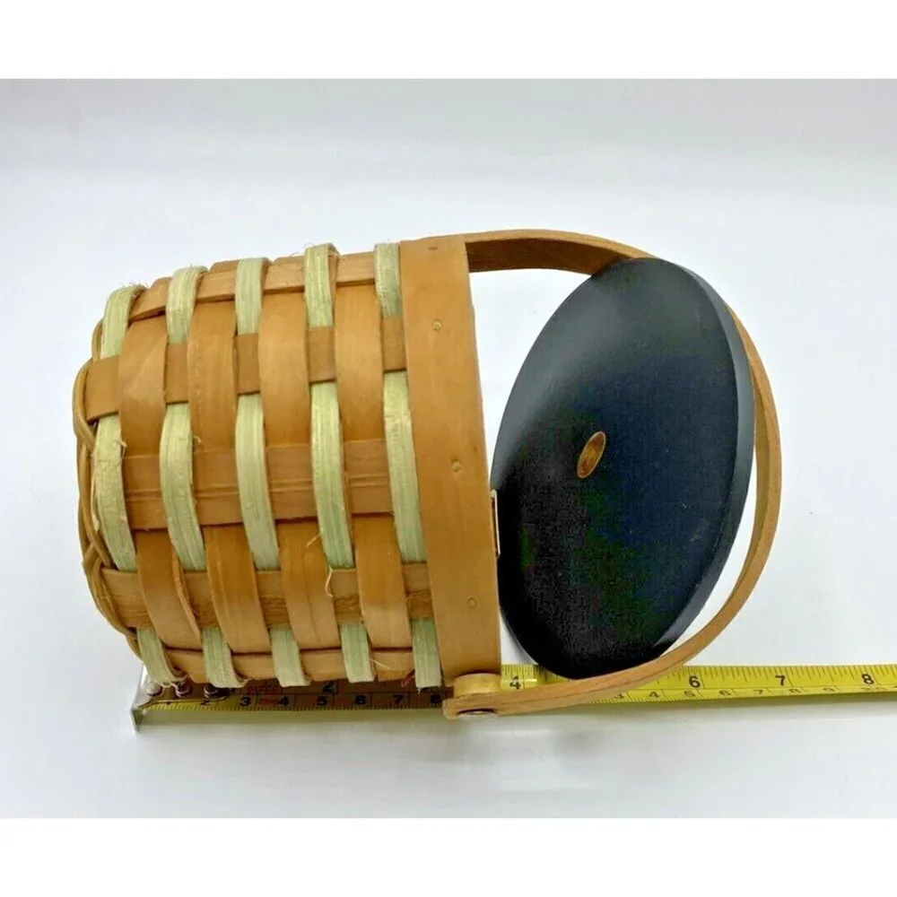 Sunflower Basket 3.75”x4.5” Handle Hinged Lid Woven Round Yellow Trinket Holder